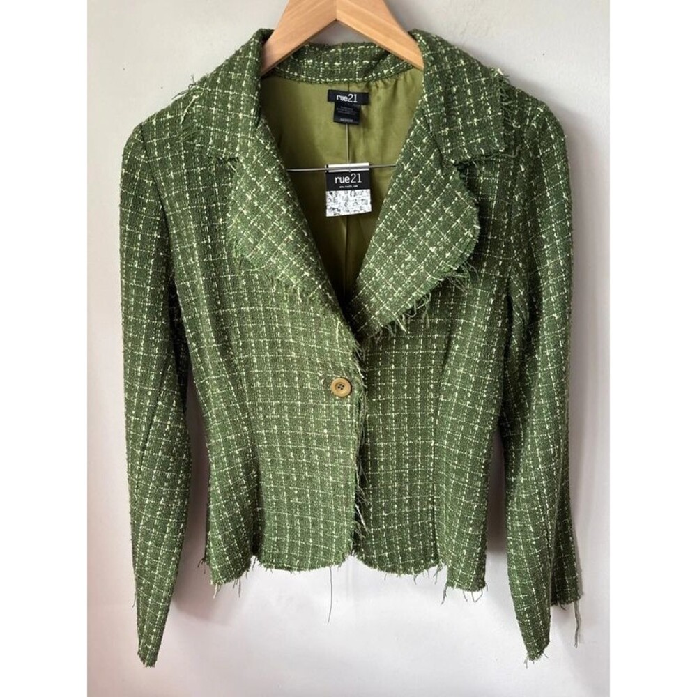rue21 Green Tweed Frayed Blazer Medium